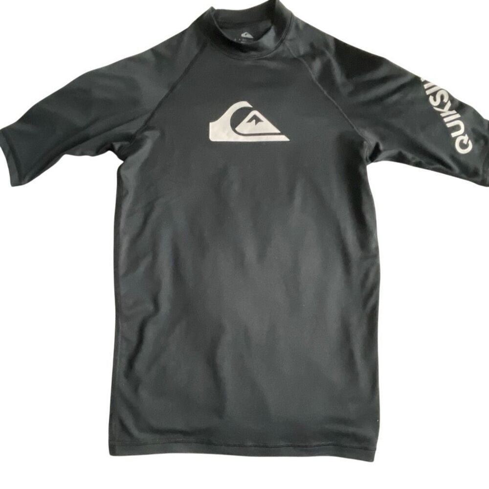 EUC Quiksilver Black White Short Sleeve Rash Guard Swim Top - Size Small